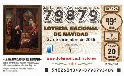 Anverso del d&eacute;cimo 79879 de la Loter&iacute;a de Navidad 2026, de Elche (Alicante)